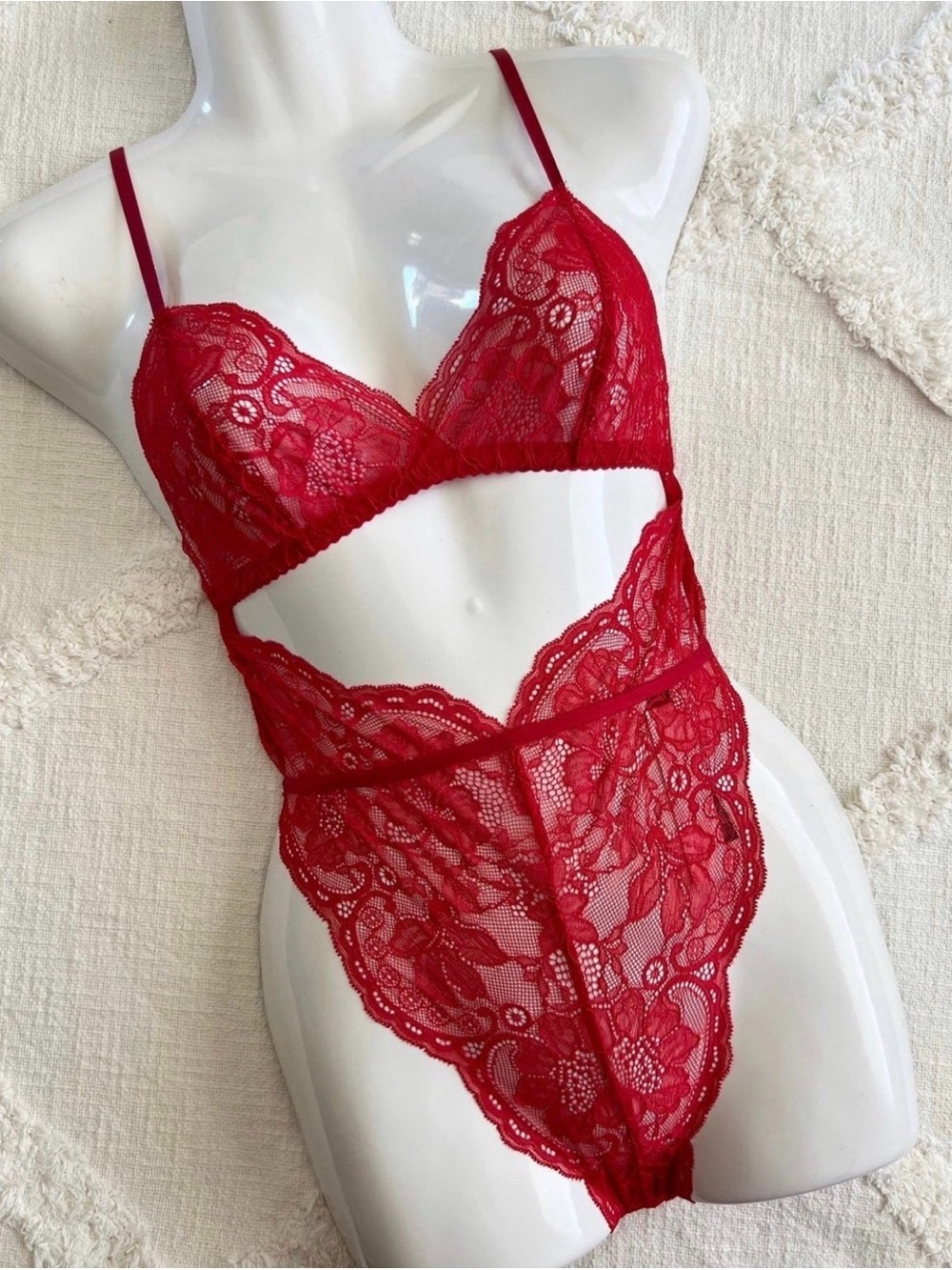 Red Lace Cutout Teddy Bodysuit
